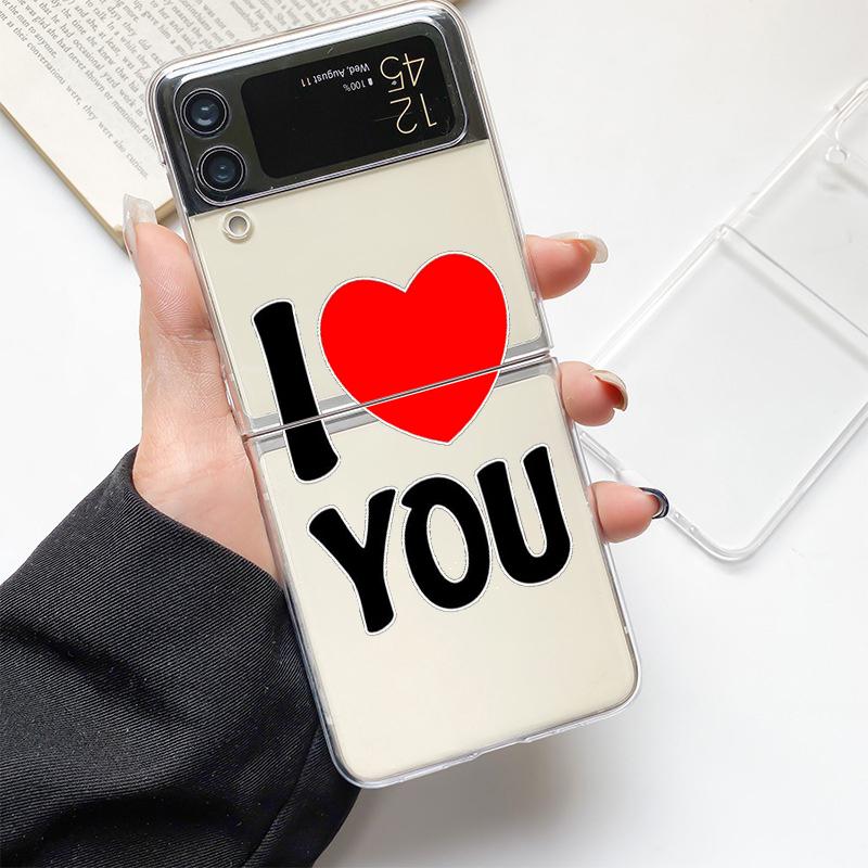 

Phone Case For Samsung Galaxy Z Flip 3 4 5 Hard Folding Clear PC Bumper I Love you Pink Heart For Samsung Z Flip 6 Back Cover Samsung Z Flip 4