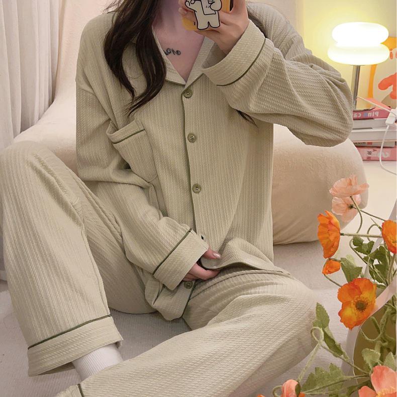 2024 Women's Long-Sleeve V-Neck Ribbed Cotton Pajama Set - Sweet Princess Style, Solid Color, Large Size, Ideal for Spring and Autumn.