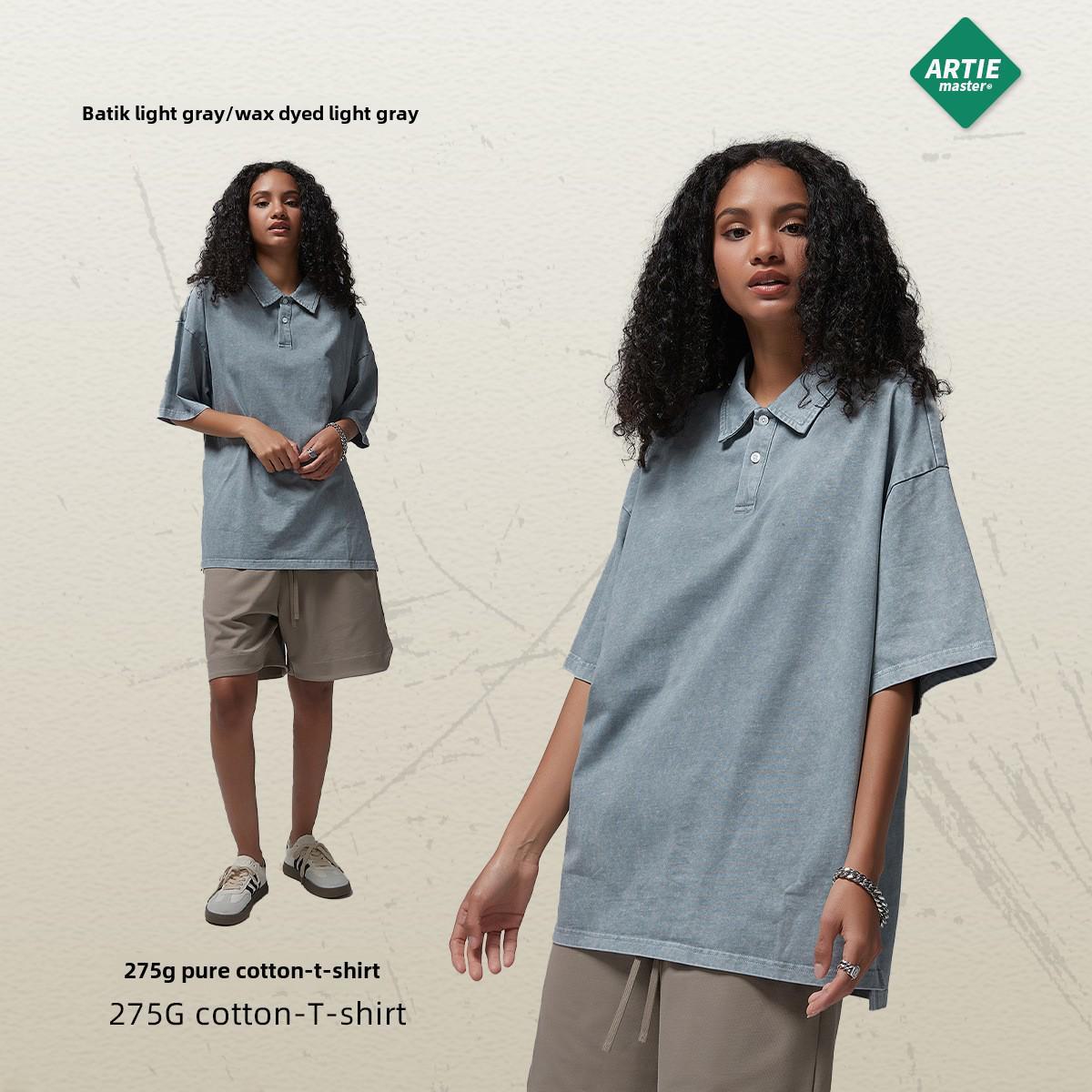 

ARTIE Men s Tide Brand Short-Sleeve Lapel T-Shirt: Pure Cotton Batik, Distressed Wash, Double Yarn, Button Split Design. L світло-сірий колір