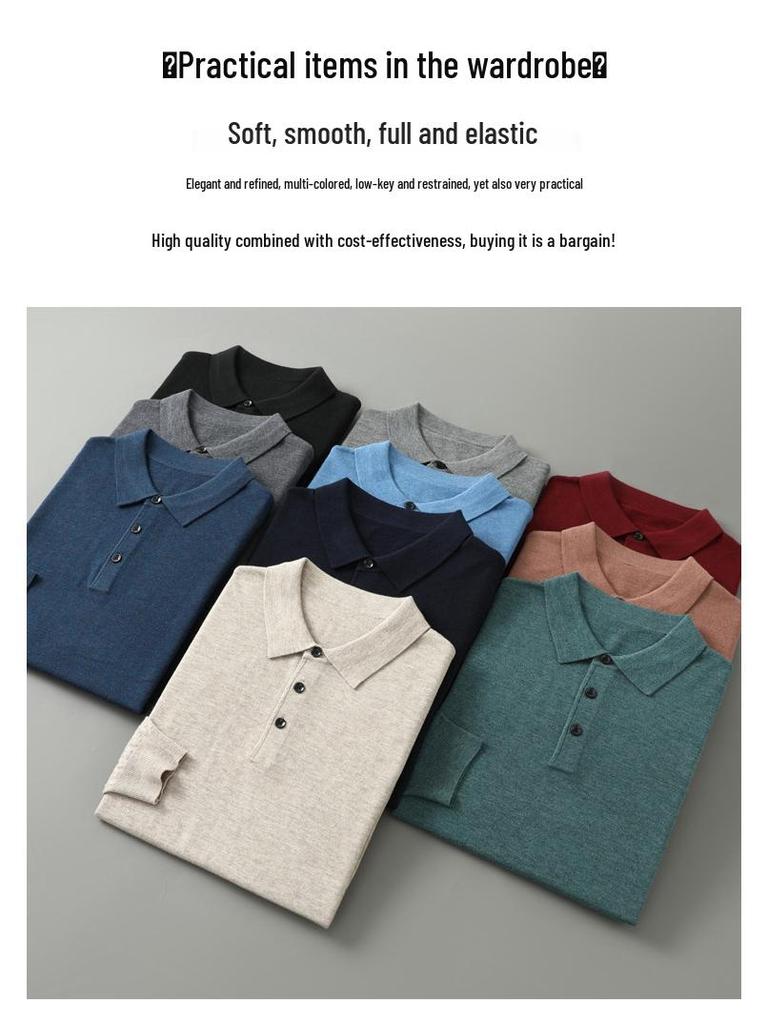 Men's Solid Color Casual Polo Collar Long Sleeve Knitwear Pullover