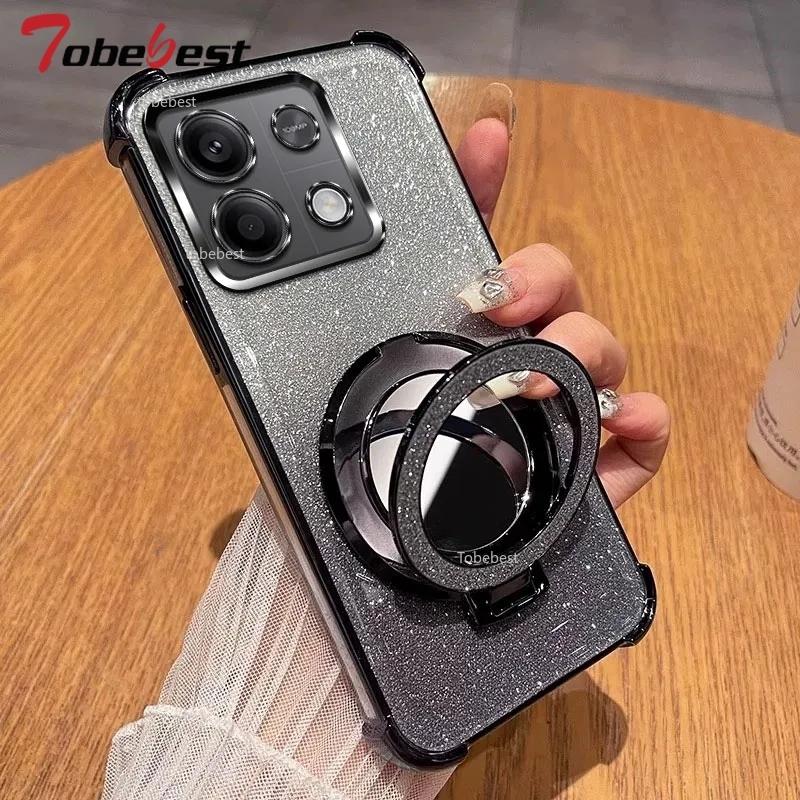 Glitter Shockproof Silicone Case For Xiaomi POCO X5 Pro 5G Mirror Magnetic Holder Stand Soft Cover