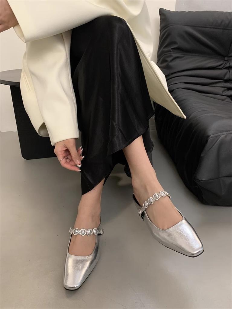 2025 new evening breeze half tray pearl Mary Jane women's shoes bag head slippers women wear silver Mary Jane women's shoes