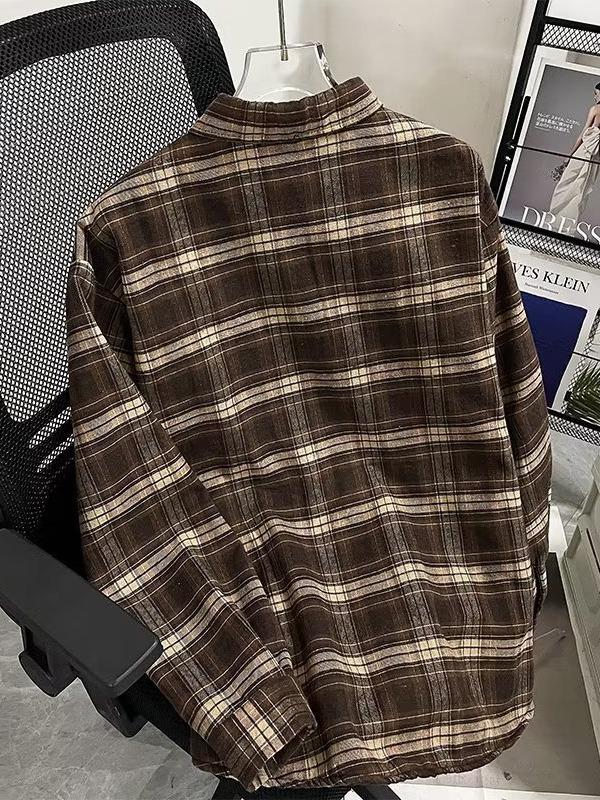 Camisa Xadrez Masculina Forrada com Lã - Jaqueta Casual Retrô de Manga Comprida para Outono/Inverno