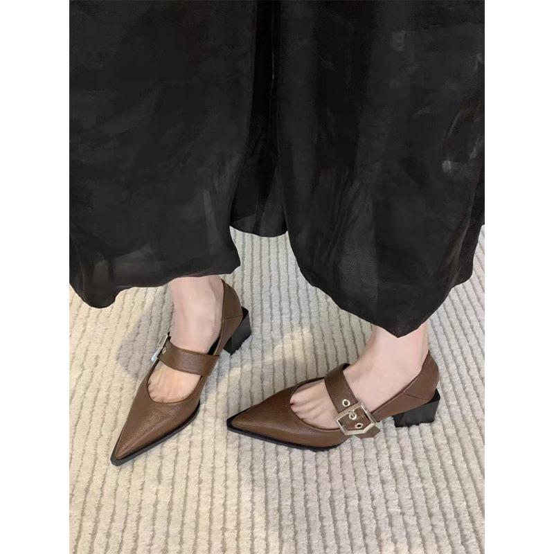 French retro Mary Jane thick-heeled single shoes women's 2025 new temperament pointed one-word buckle with small fragrant high heels