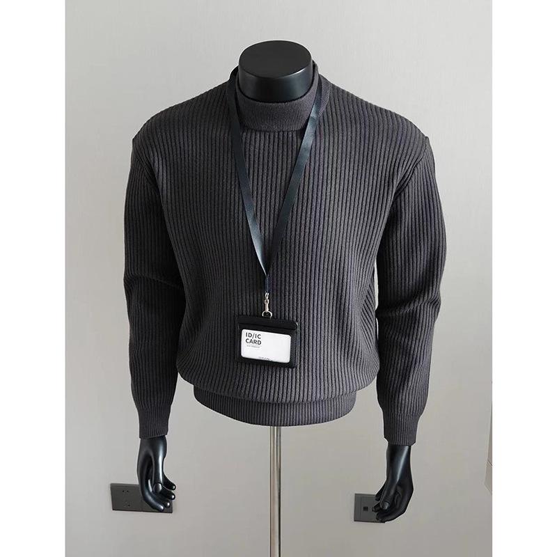 Herren Weißer Gerippter Rollkragenpullover - Herbst/Winter Lazy Style, Gestrickt, Gerade Schulter, Hohe Dehnbarkeit