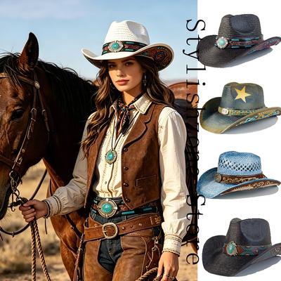 Sombrero de paja estilo western para hombre con hebilla decorativa turquesa sombrero de sol de ala ancha sombrero de vaquero de playa de verano para mujer