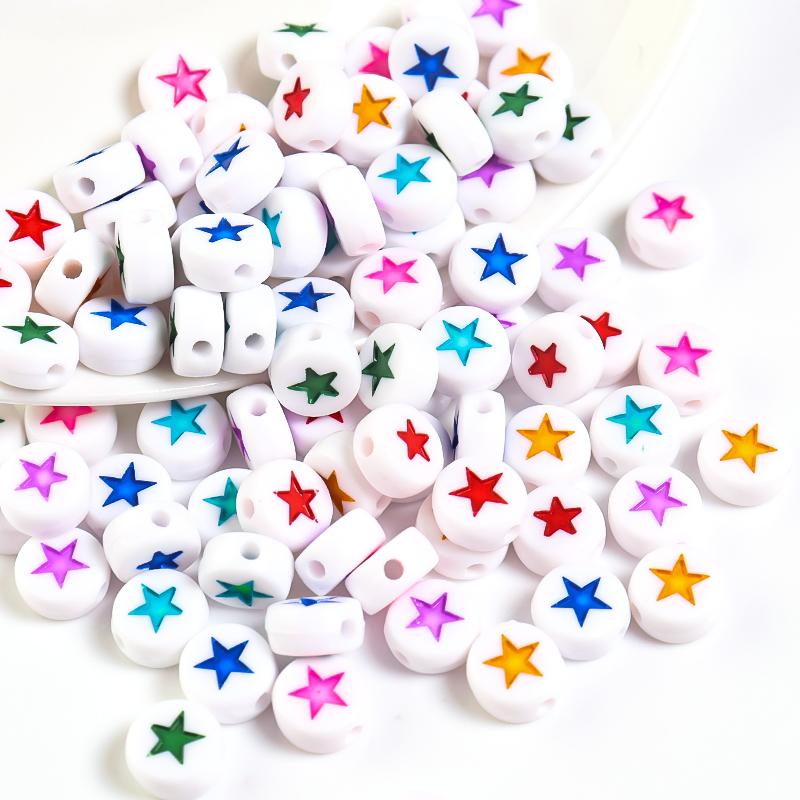 100pcs/Lot Acrylic Beads Flat Circular Shape Colorful Star Beads Loose Beads For DIY Jewelry Bracelet Necklace Accessory