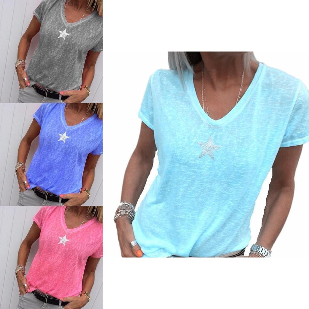 Stylish Women V-neck T-shirt Casual Loose Star Summer Shirts Solid Short Sleeve Perfect For Outdoor Activities
