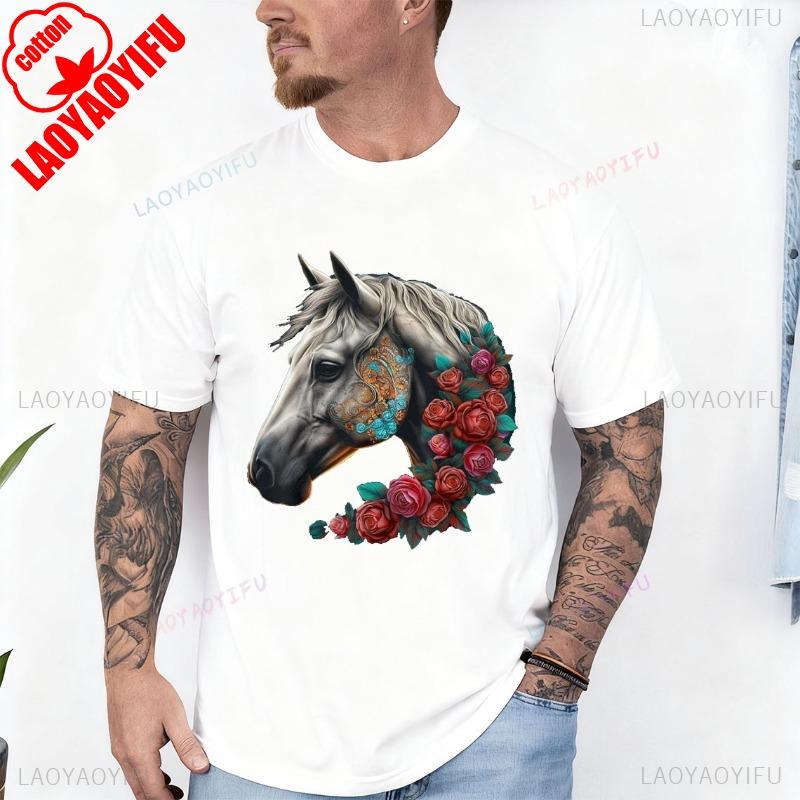 Horse Mandala Flower Animal Motif Horse Cotton TShirt Men and Women Crew Neck Short Sleeve Soft Casual Outdoors Fashion Tees