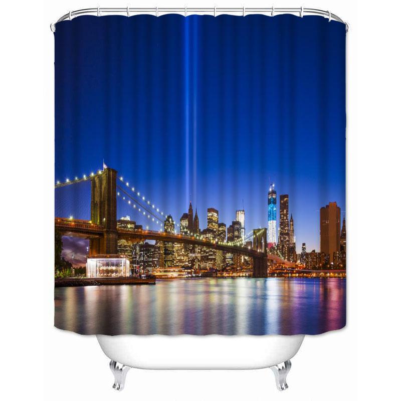 New York City Skyline Building Night View Shower Curtain Modern Bathroom Curtain Polyester Fabric Bath Curtain With Hooks
