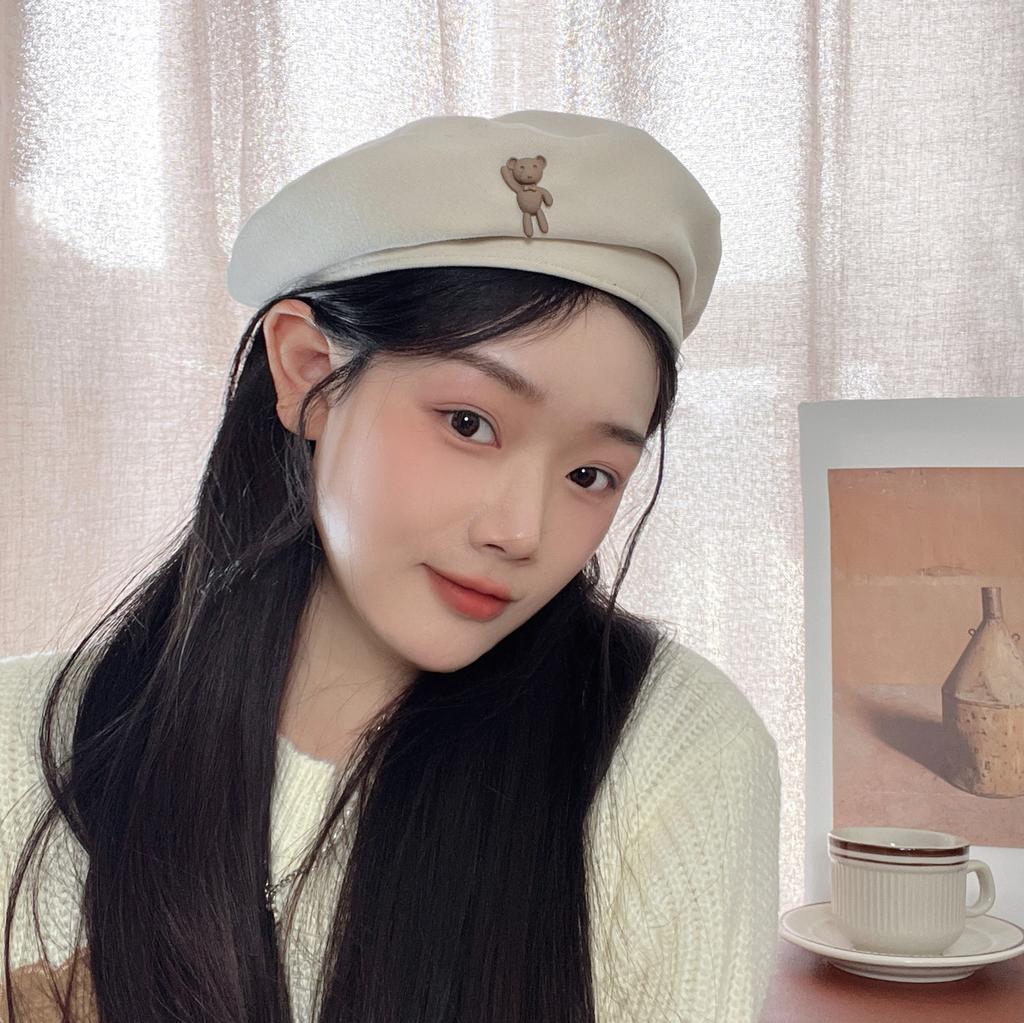 Japanese Retro Woolen Beret Female Face Small Korean Versatile Cartoon Bear Fashionable Temperament Painter Hat