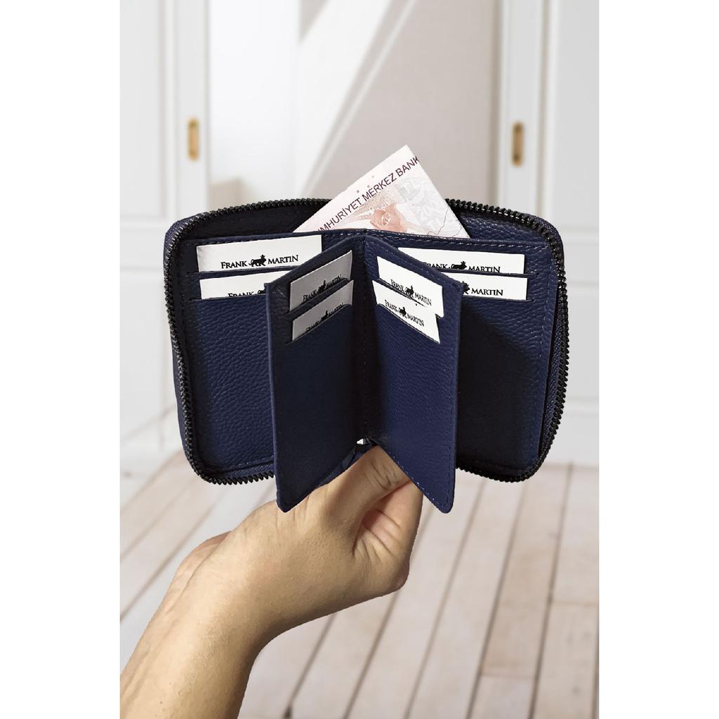 Stilvolles schwarzes Kartenetui aus Leder mit originellem Geldfach mit Reißverschluss und Geschenkbox