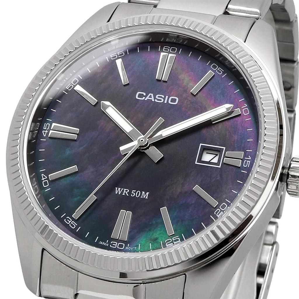 Casio MTP-1302DS-1AV Analog Quartz Men's Watch Metal Band Silver Black Mother of Pearl Dial