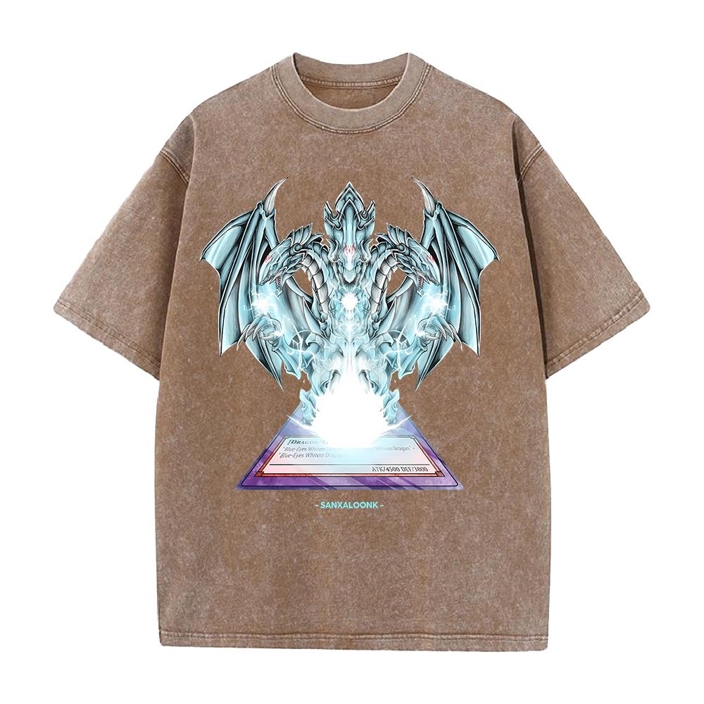 Anime YuGiOh Tshirt BlueEyes White Dragon Washed Yk T Shirt Mens Clothing Summer Short Sleeve Loose Cotton Soft Tees Tops