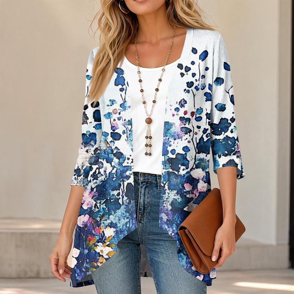 Damen Vintage Cardigan mit Blumendruck, Dreiviertelärm, Lässiger lockerer Schnitt, Leicht für Frühling Sommer