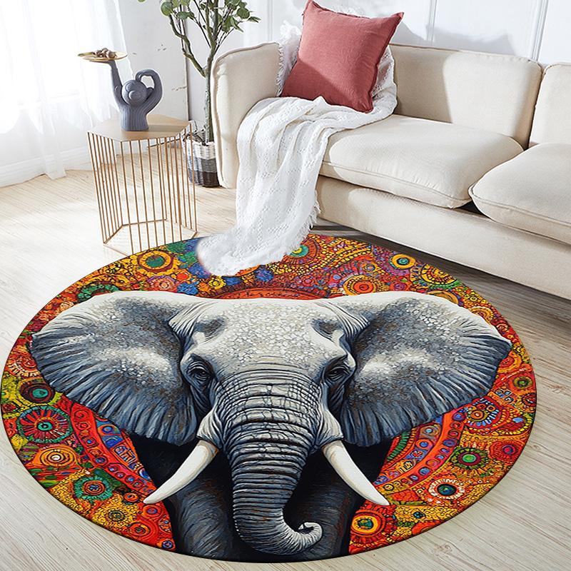 Elephant Mandala Round Area Rug,Carpet Rug for Living Room Bedroom Sofa Playroom Decor,Non-slip Floor Mat