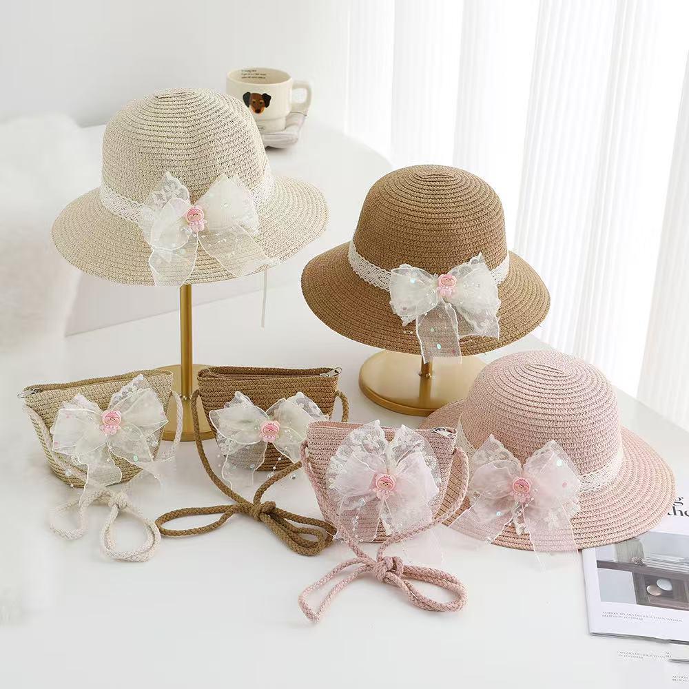 Girls' Lace Bow Sun Protection Straw Hat – Summer Outdoor Beach Bucket Hat