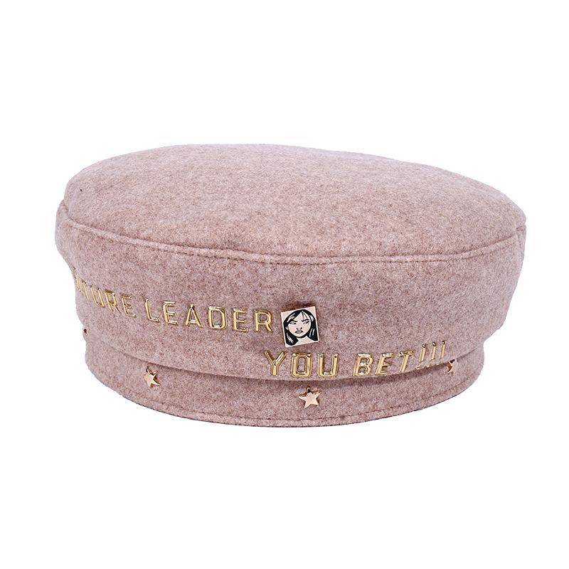 Golden Letter Rivet Decoration Woolen Beret Women Autumn and Winter British Retro Painter Hat Ladies Bud Hat