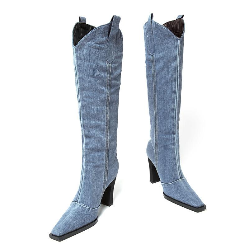 Winter New Square Toe Denim High Heel Fashion Boots 2025 Thick Heel Western Knight Boots for Women