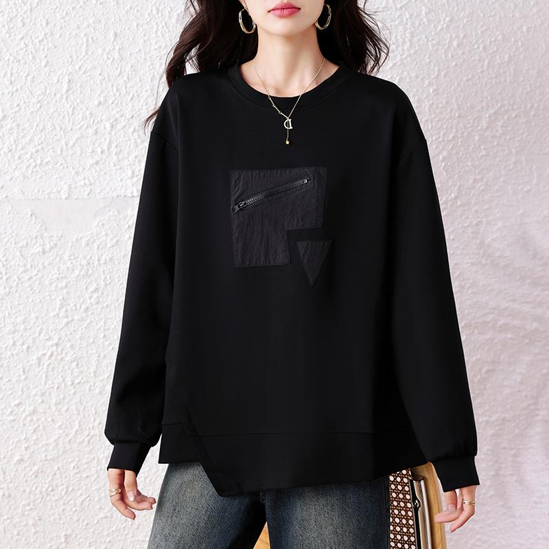 DIMANAF 2025 Plus Size Women Hoodies Shirts Autumn T-shirt Long Sleeve Loose Casual Tops Tees Black