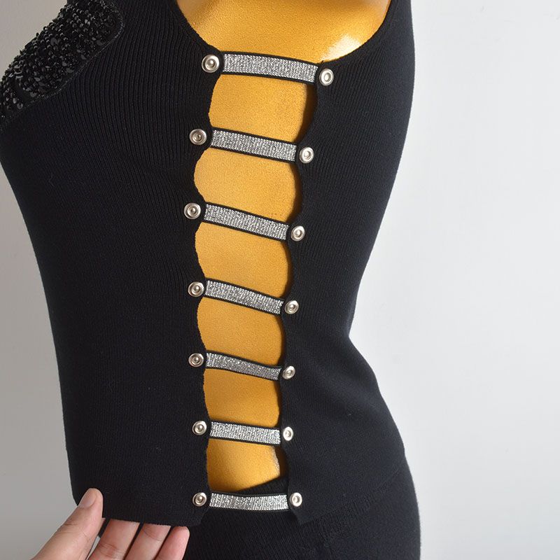 Stylish Exquisite Rhinestone Bows Knitting Vest Women's Summer New Arrival Silm Bilateral Cut Out Bottoming Shirt Tops