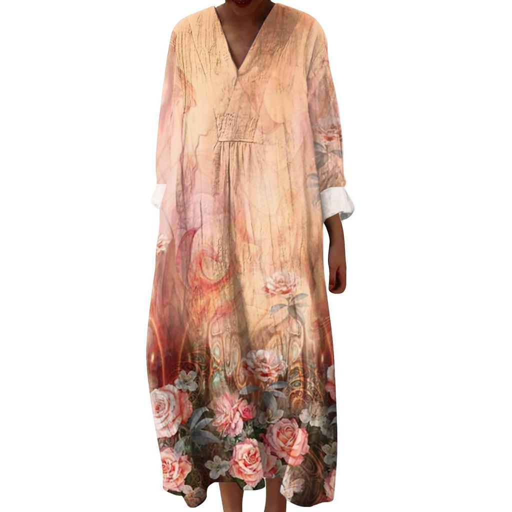 Women's Casual And Fashionable V-Veck Printed Long Sleeved Dress Long Sleeved Dress
