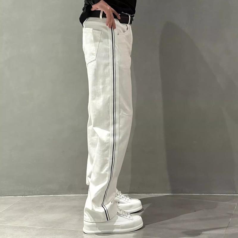 Men's Summer Wide-Leg Striped Stitching Casual White Jeans