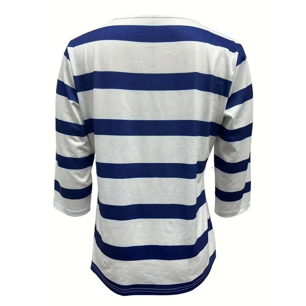2025 Summer New Women's Casual V-Neck Button Striped T-Shirt Fashion Versatile Top for Europe and America