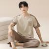 New pajamas men's summer pure cotton short-sleeved trousers youth cotton thin large-size outer loungewear suit