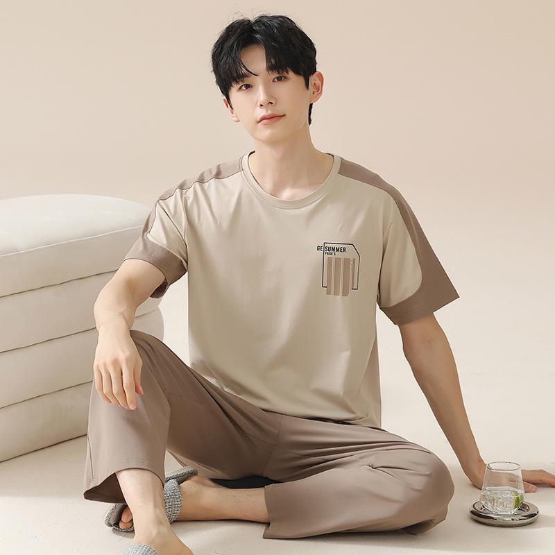 New pajamas men's summer pure cotton short-sleeved trousers youth cotton thin large-size outer loungewear suit