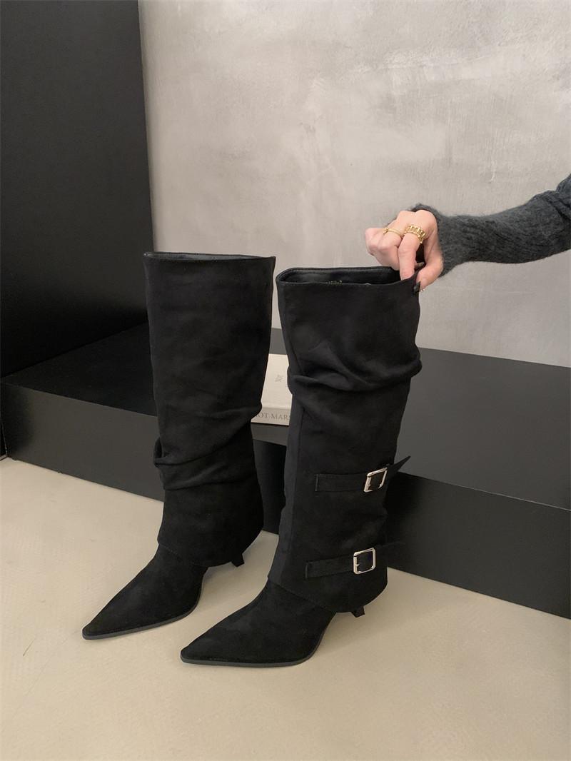 

Thin heel suede pointed toe boots women s shoes 2025 autumn/winter new trouser boots two fashion boots back zipper boots for women 35
