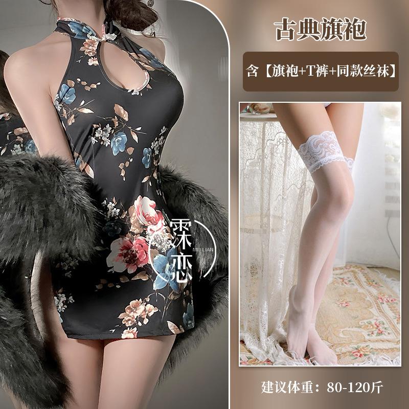 Sex Underwear Split-ended Sleeveless Printed Cheongsam Slim and Thin Sexy Uniform People Cheongsam Sex Clothes