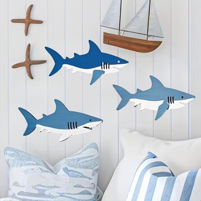 3 Stück Maritime Holzhaie Wanddekoration Strand Küsten Holzhai Wandkunst Rustikale Meeresbewohner Wandskulptur für Wohnzimmer Büro Heimdekoration