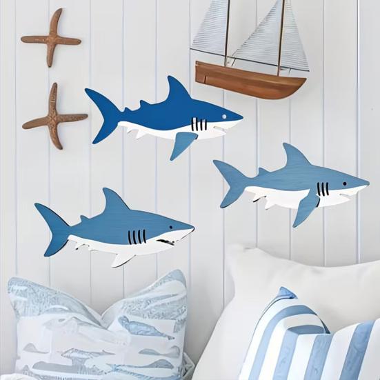 3 Stück Maritime Holzhaie Wanddekoration Strand Küsten Holzhai Wandkunst Rustikale Meeresbewohner Wandskulptur für Wohnzimmer Büro Heimdekoration