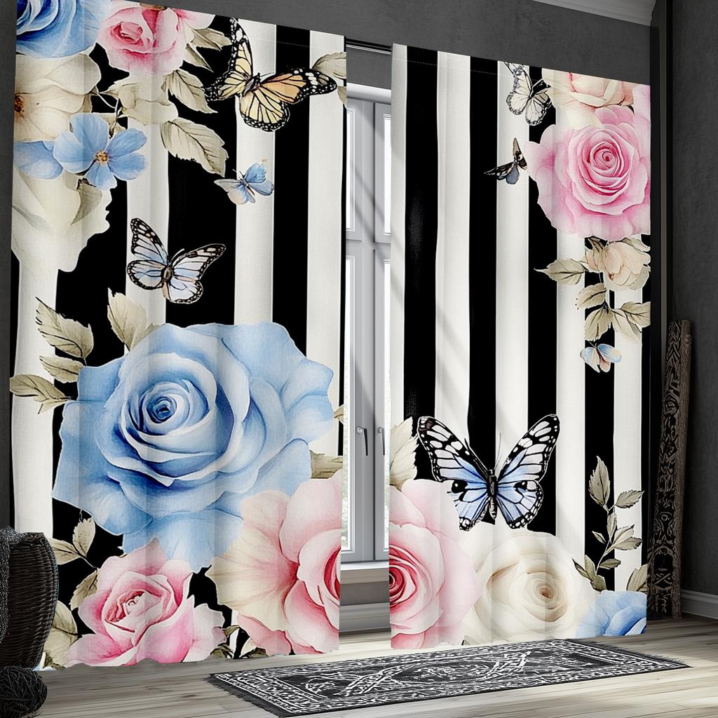 2 Stück Elegante Vorhänge mit rosa Rosen- und Schmetterlingsmuster   Schwarz-Weiß-Streifen - Polyester   Klassischer Stil für Wohnzimmerdekoration   Vor