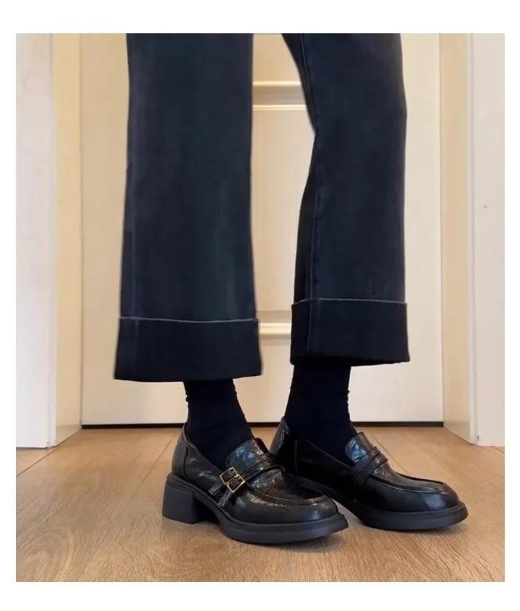 Platform loafers women's British style spring and autumn one-pedal thick heel single shoes retro small leather shoes