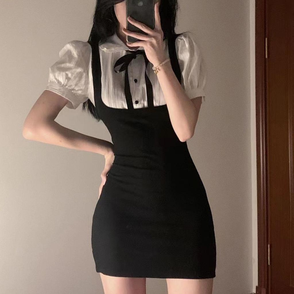 Girls' new black and white contrasting color dress women's summer sweet bubble sleeve bow fake two-piece button skirt