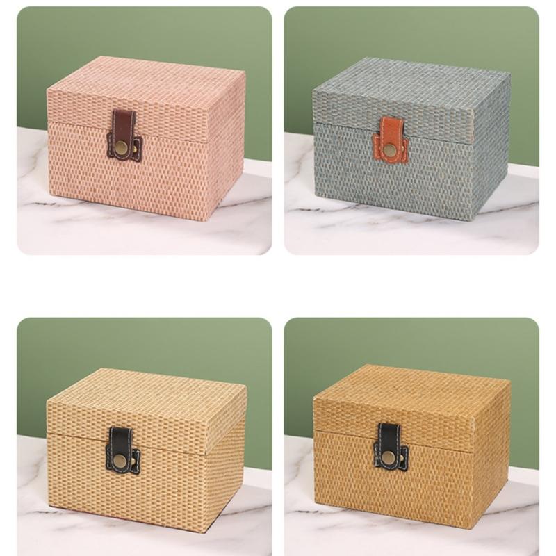 Convenient Travel Storage Box Wicker Pattern Jewelry Presentation Case Multi Functional Wooden Earrings Necklaces Holder