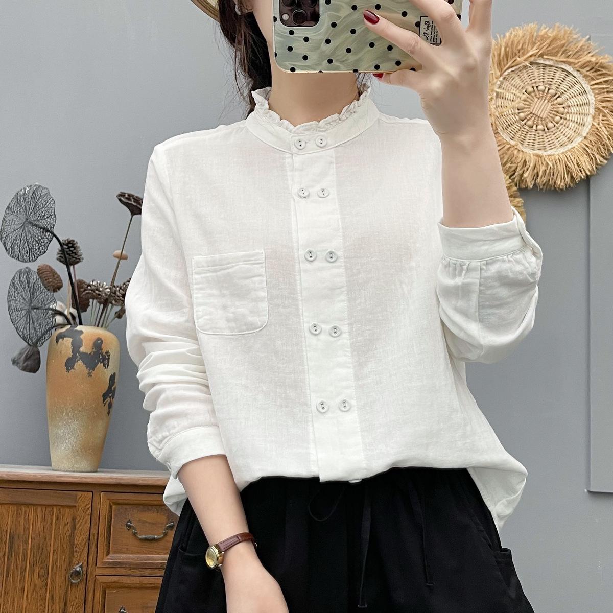 

Elegant Lace Collar Double-Breasted Cotton Gauze Long Sleeve Women s Spring Top Large білий