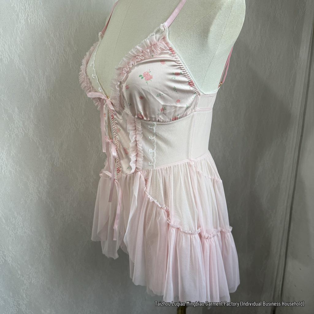 

50970 Floral Mesh Nightgown with Bowknot and Removable Pads Medium рожевий/квітковий