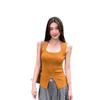 A New Summer Design of A Slim, Form-fitting, Slit Short Sleeveless Top for Women Wearing A Knitted Halter Top