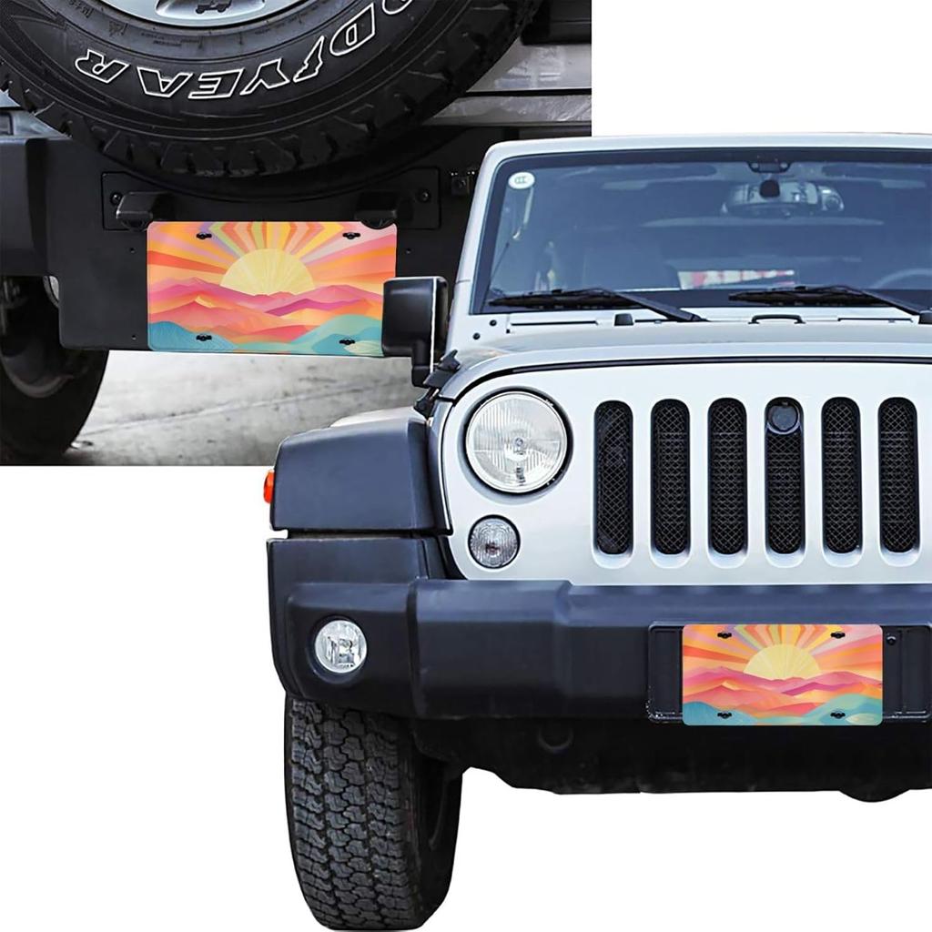 Boho Sunset Front License Plate for Women Car Vanity Plates Decorative Aluminum Metal Cute Novelty License Plate Cover for Men 6x12 Inch (4 Holes)