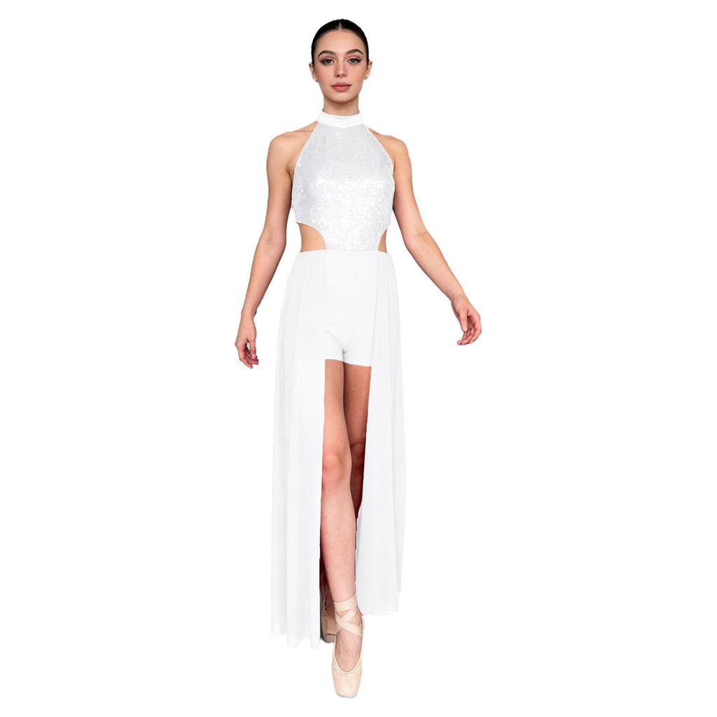 Damen rückenfreies Bodysuit-Kleid Pailletten-Oberteil Netzrock integrierter kurzer Unterteil Tanzkleidung