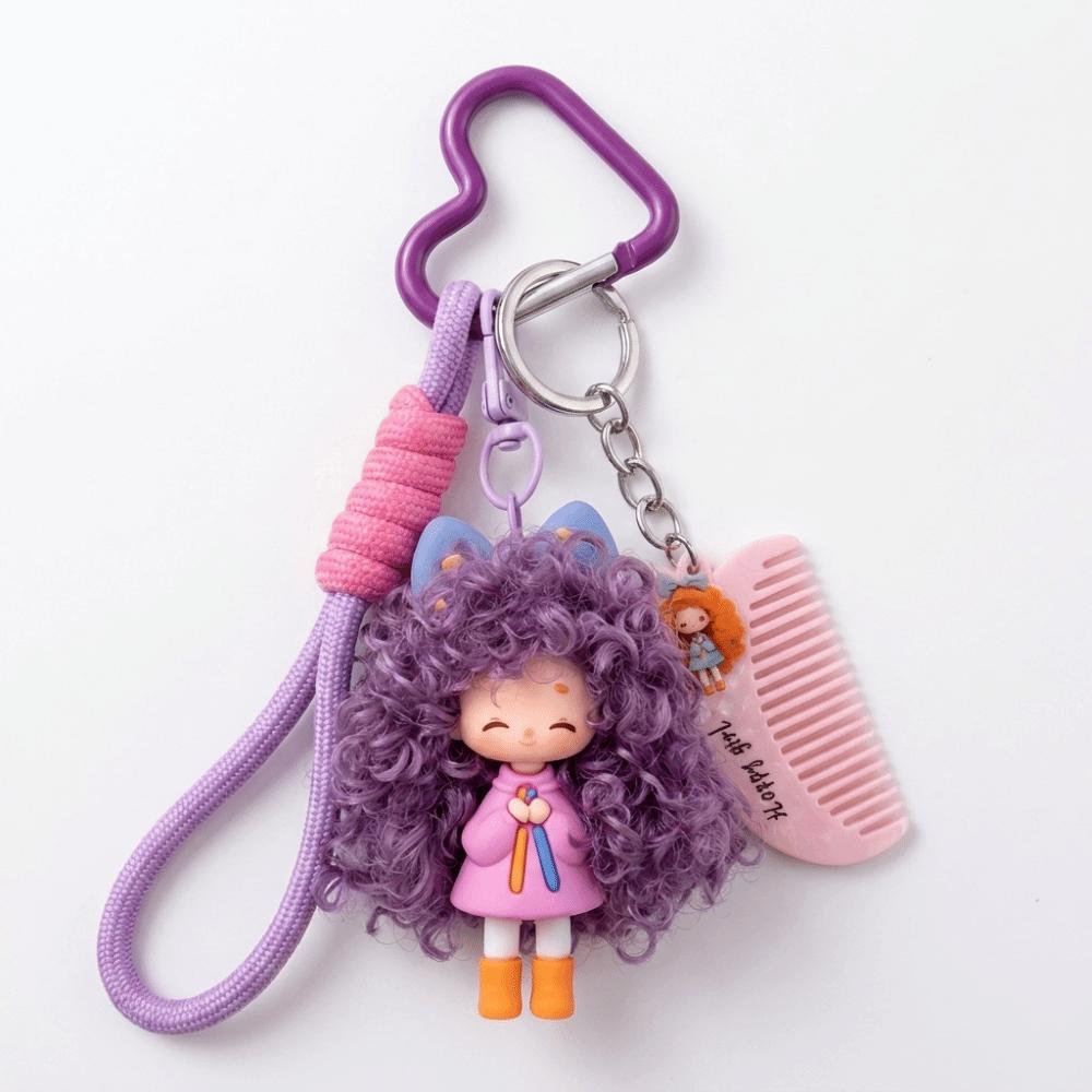Soft Rubber Curly Hair Doll Keychain Colorful Bag Pendant Sweet Halyard Heart Keyring Kids Gift