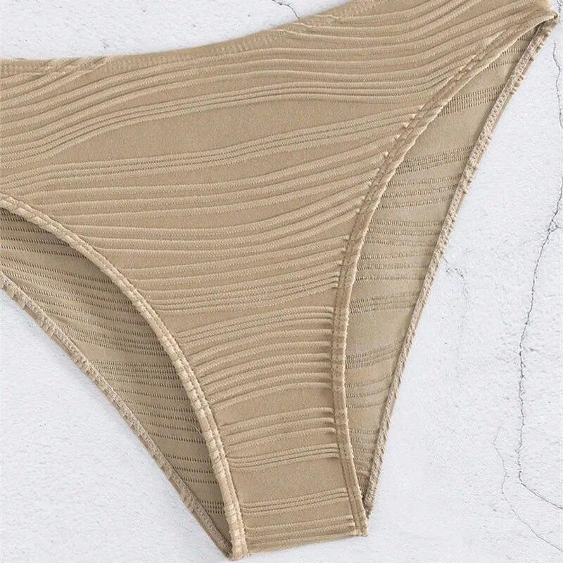 Sexy Khaki Ribbed Swimwear High Waist Bikinis Set Ruffled Swimsuit Cross Bandage Bathing Suit Brazilian Bikini Bather