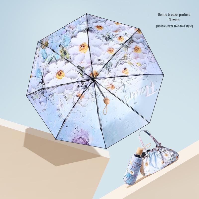 Women's UV-Protection Foldable Sun Umbrella - Compact, Portable, Manual, for Rain or Shine with Black Glue Coating.