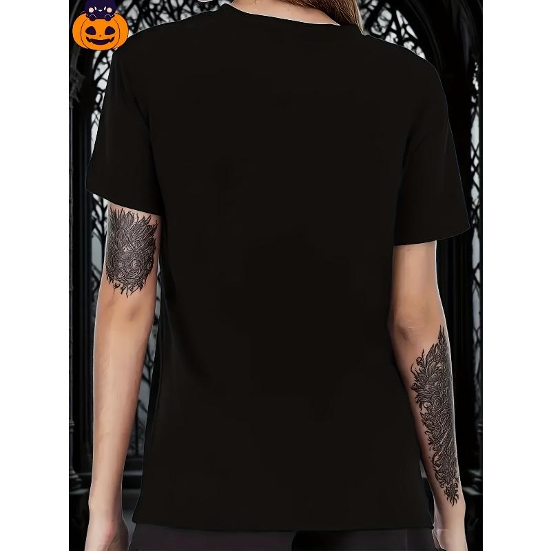 Europäische Größe Damen Gothic Halloween T-Shirt - Schwarzes Shirt mit roten Rosen & Cupcake-Design, Rundhals-Kurzarm-Oberteil für Halloween-Party-Outfits,