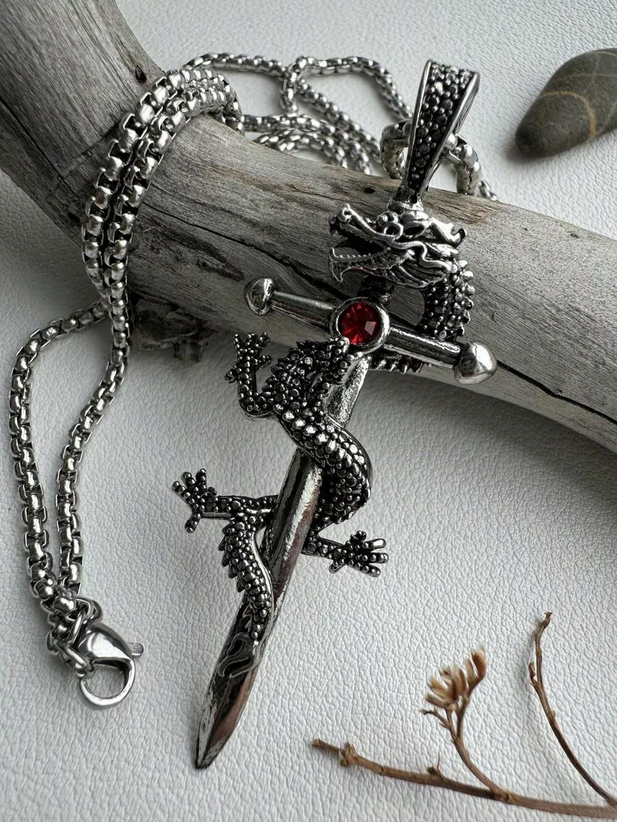 

Men s Dragon Sword Shaped Pendant Necklace, Punk Street Style - Everyday Necklace, Christmas Gift For Boyfriend one-size серебряный