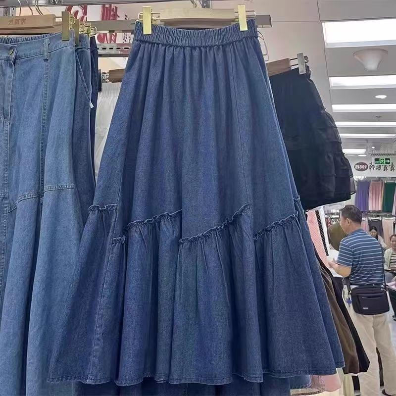 Women s Autumn High-Waist Midi Denim Skirt with Ruffle Patchwork XL (150-200 cm)