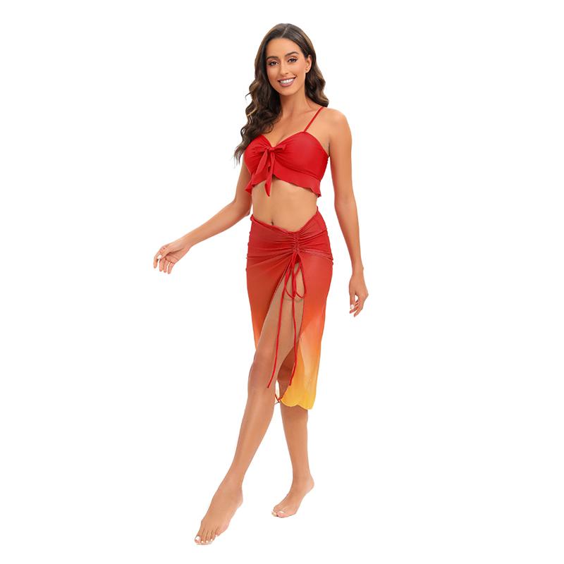 

3 предмета Бикини тай-дай с узлом спереди Женский купальник с оборками Купальник с высокой талией и пляжная юбка на кулиске S красный